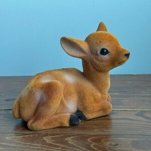 Vintage Coin Bank Flocked Felted Bambi Fawn Deer Laying Figurine